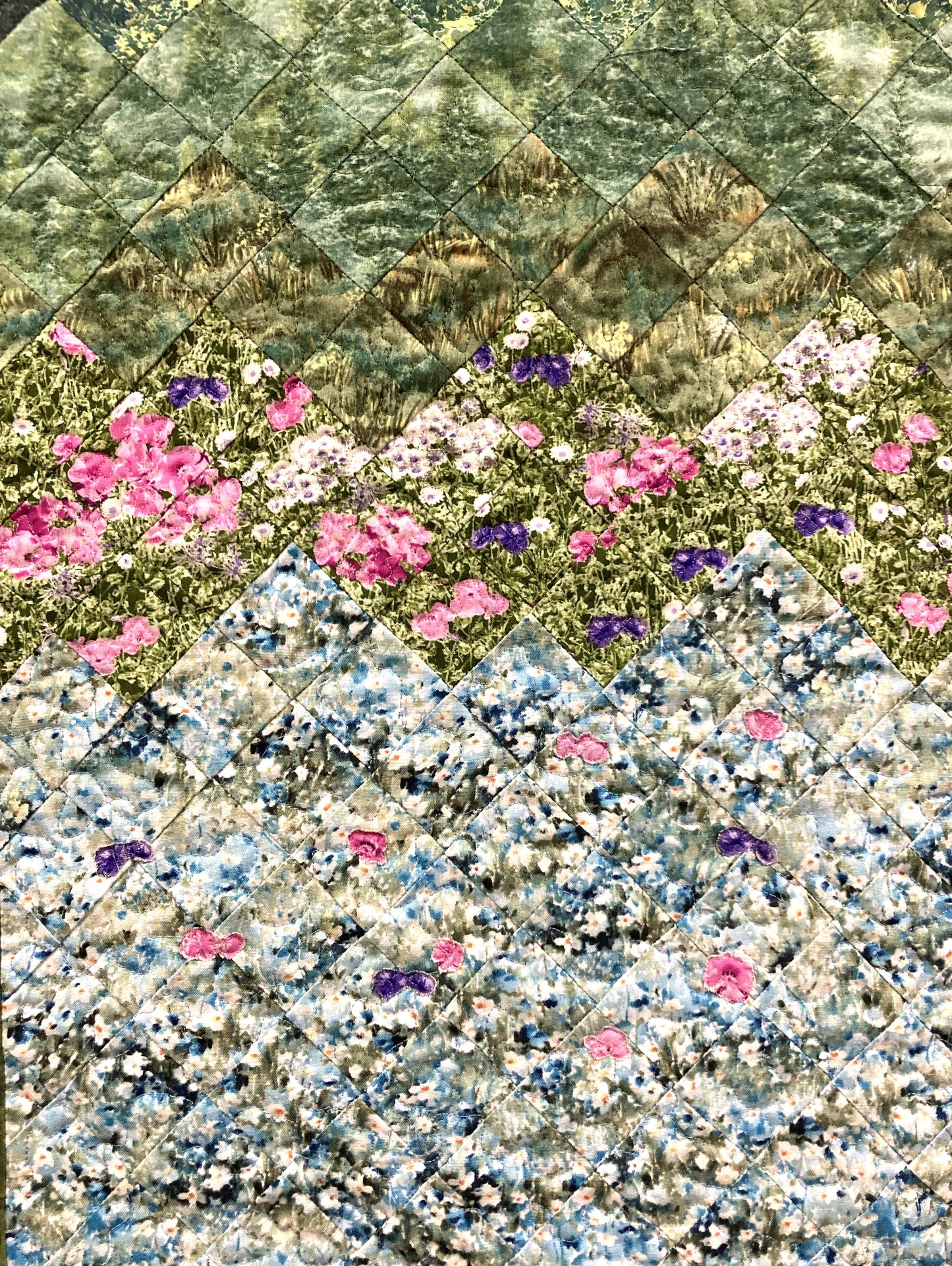 Spring Misty Blue Meadow Mountain Art Quilt Tapestry, Fabric Wall Hanging 21x33” Vertical Forest Mountain Scenic Original Artwork Handmade