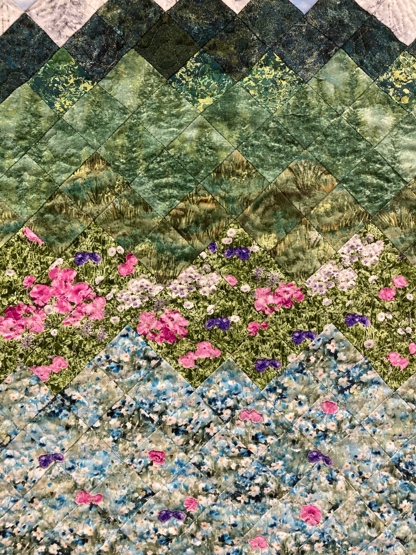 Spring Misty Blue Meadow Mountain Art Quilt Tapestry, Fabric Wall Hanging 21x33” Vertical Forest Mountain Scenic Original Artwork Handmade