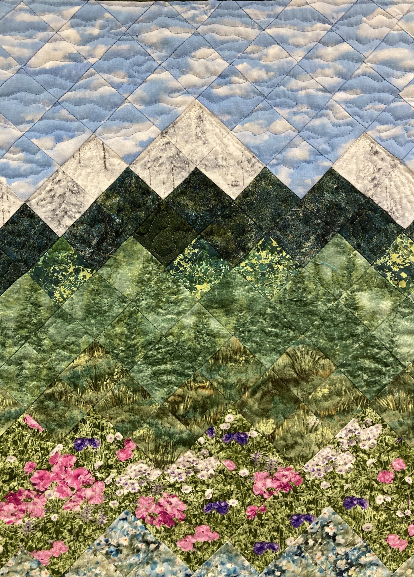 Spring Misty Blue Meadow Mountain Art Quilt Tapestry, Fabric Wall Hanging 21x33” Vertical Forest Mountain Scenic Original Artwork Handmade