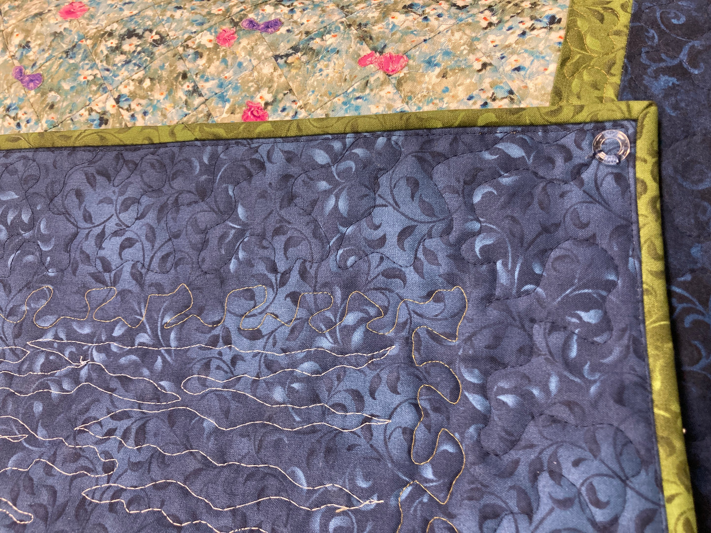Spring Misty Blue Meadow Mountain Art Quilt Tapestry, Fabric Wall Hanging 21x33” Vertical Forest Mountain Scenic Original Artwork Handmade