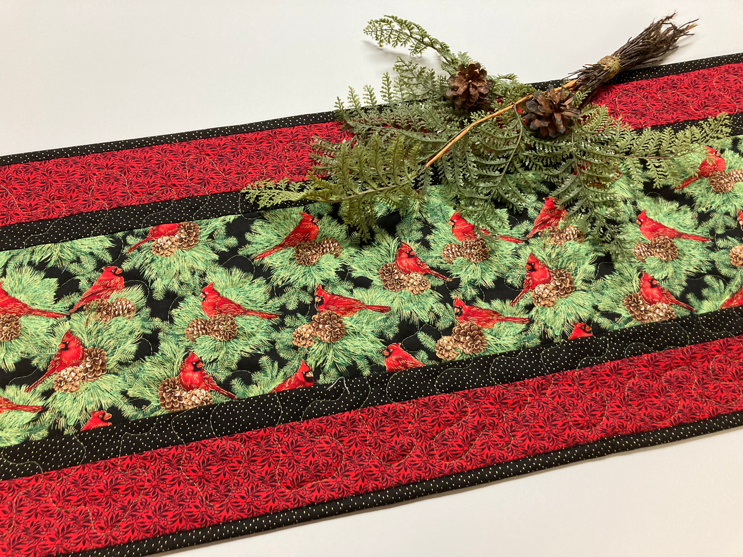Christmas Red Cardinals Pine Cones Boughs, 14x48" Quilted Dining Table Runner, Reversible Fall, Winter Holiday Coffee Table, Dresser Scarf