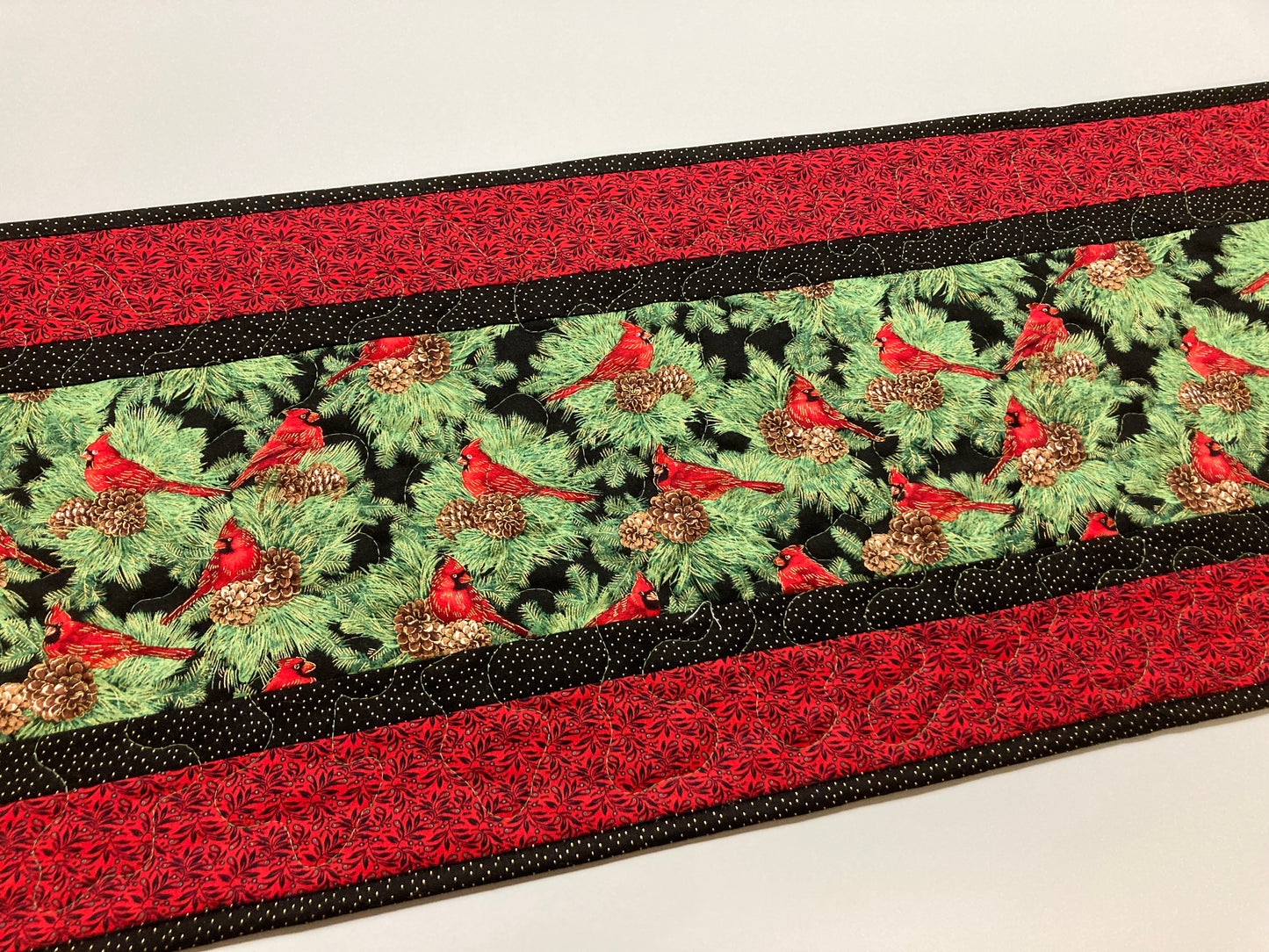 Christmas Red Cardinals Pine Cones Boughs, 14x48" Quilted Dining Table Runner, Reversible Fall, Winter Holiday Coffee Table, Dresser Scarf