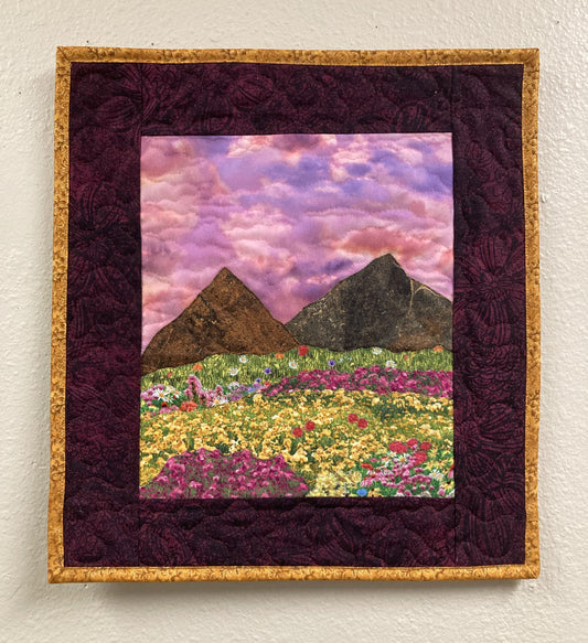 Sunset Wildflower Meadow Mountain Landscape Art Quilt, Textile Art 14.5x15.5", Tapestry Fabric Small Wall Art Hanging, Pink Yellow Flowers