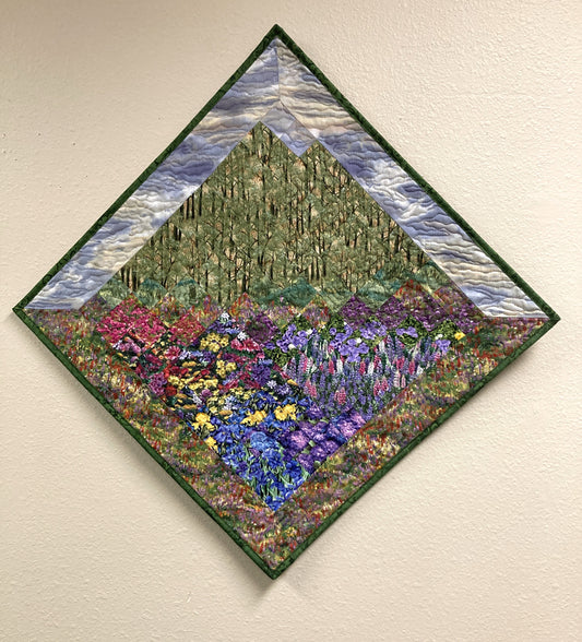Purple Sky Trees Diagonal Art Quilt Fabric Mountain Wall Hanging, Lake Tahoe Art Tapestry 31x31"