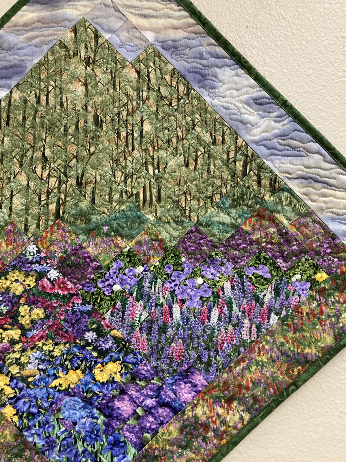 Purple Sky Trees Diagonal Art Quilt Fabric Mountain Wall Hanging, Lake Tahoe Art Tapestry 31x31"