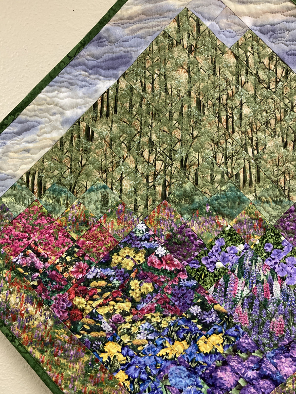 Purple Sky Trees Diagonal Art Quilt Fabric Mountain Wall Hanging, Lake Tahoe Art Tapestry 31x31"