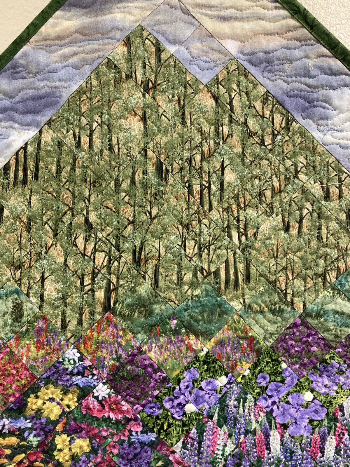 Purple Sky Trees Diagonal Art Quilt Fabric Mountain Wall Hanging, Lake Tahoe Art Tapestry 31x31"