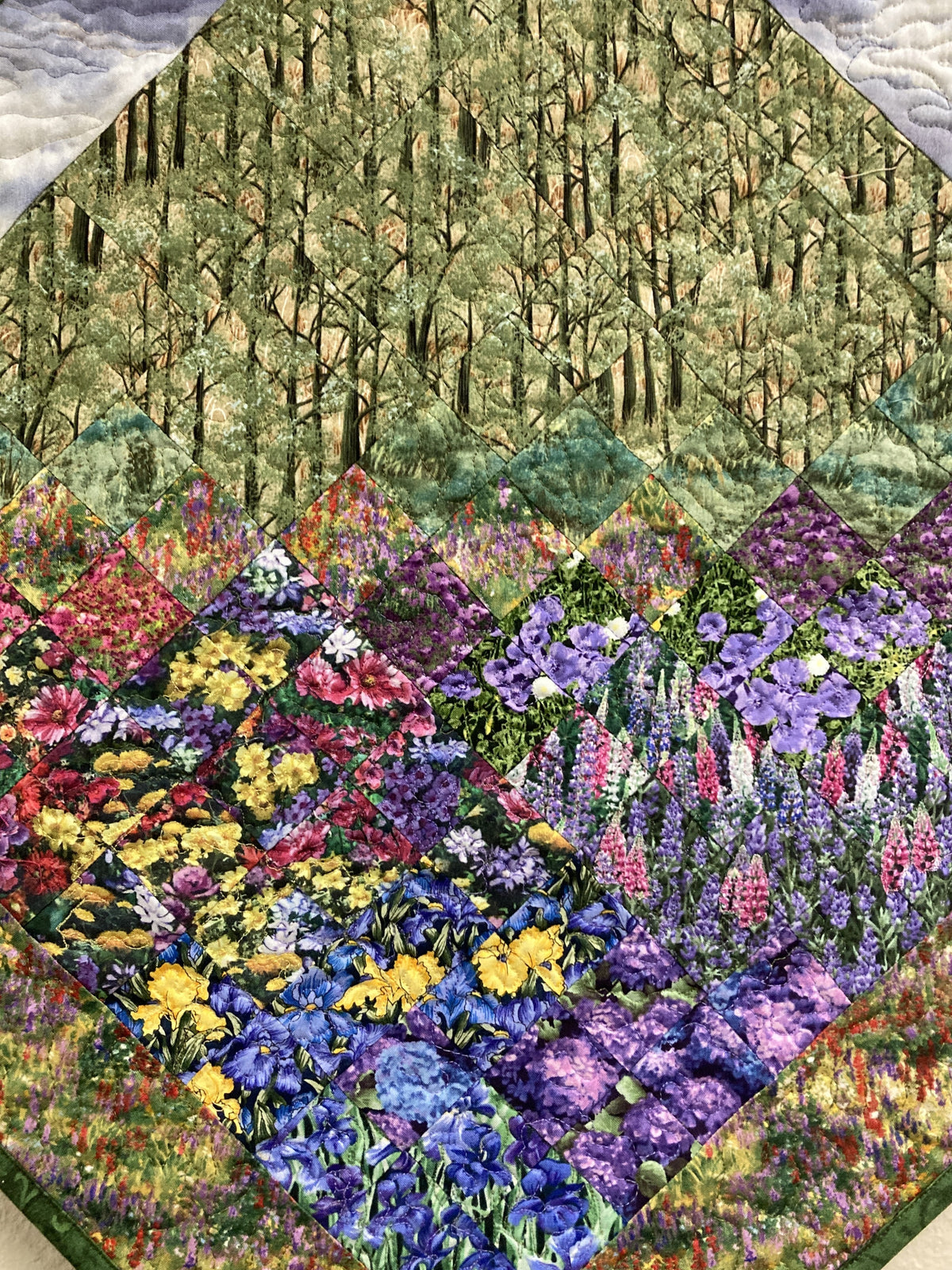 Purple Sky Trees Diagonal Art Quilt Fabric Mountain Wall Hanging, Lake Tahoe Art Tapestry 31x31"