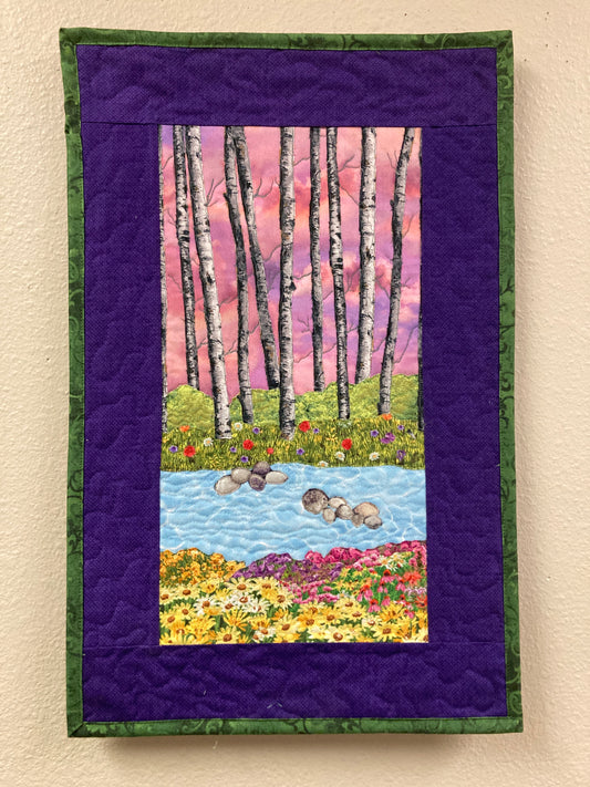 Sunset Aspen Trees and Flowers, Fabric Art Quilt Wall Hanging, Landscape Tapestry, Autumn Floral 13x20" Original Artwork Handmade Woodland