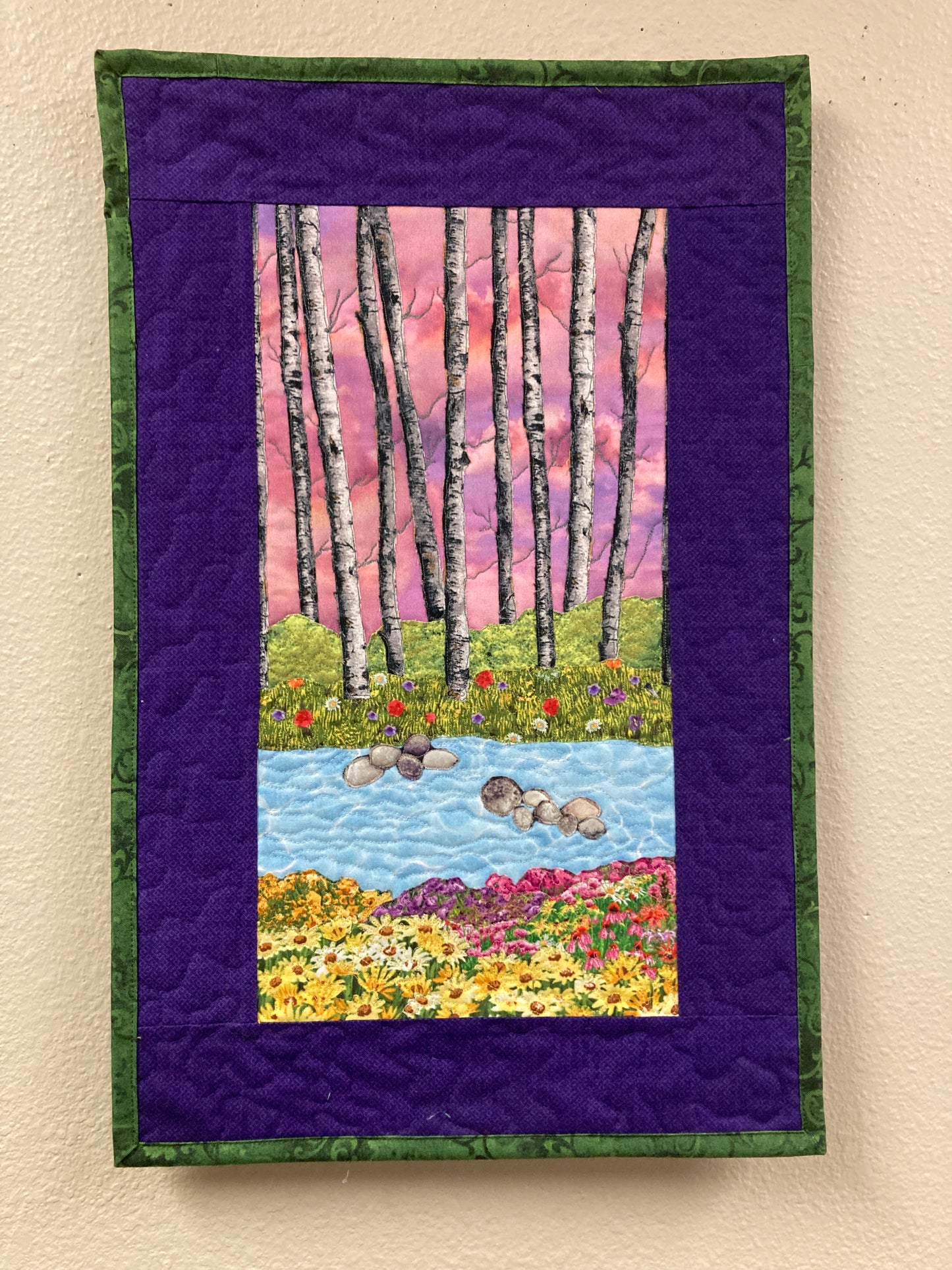 Sunset Aspen Trees and Flowers, Fabric Art Quilt Wall Hanging, Landscape Tapestry, Autumn Floral 13x20" Original Artwork Handmade Woodland