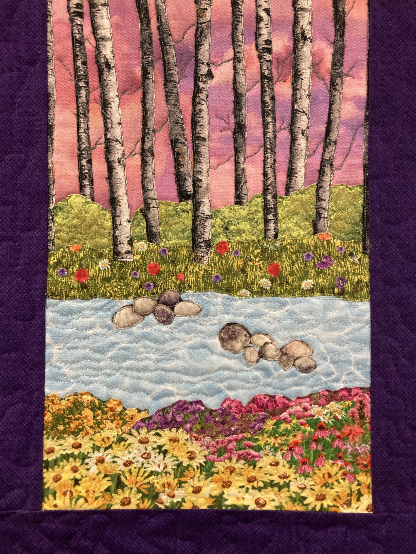 Sunset Aspen Trees and Flowers, Fabric Art Quilt Wall Hanging, Landscape Tapestry, Autumn Floral 13x20" Original Artwork Handmade Woodland