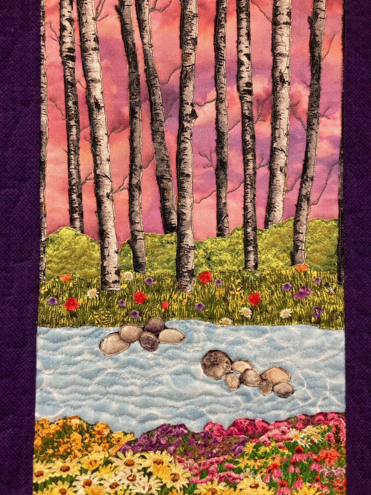 Sunset Aspen Trees and Flowers, Fabric Art Quilt Wall Hanging, Landscape Tapestry, Autumn Floral 13x20" Original Artwork Handmade Woodland