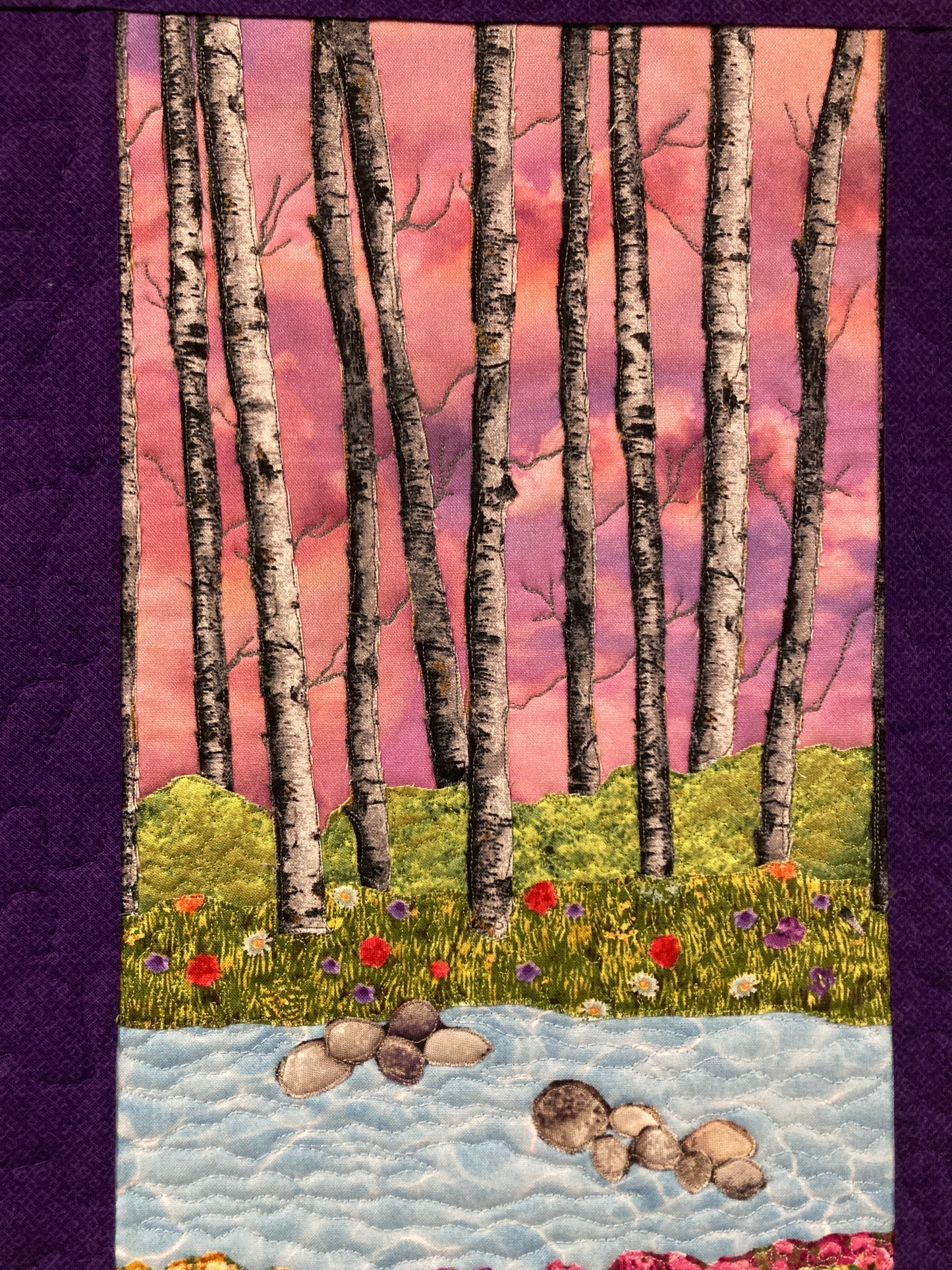 Sunset Aspen Trees and Flowers, Fabric Art Quilt Wall Hanging, Landscape Tapestry, Autumn Floral 13x20" Original Artwork Handmade Woodland