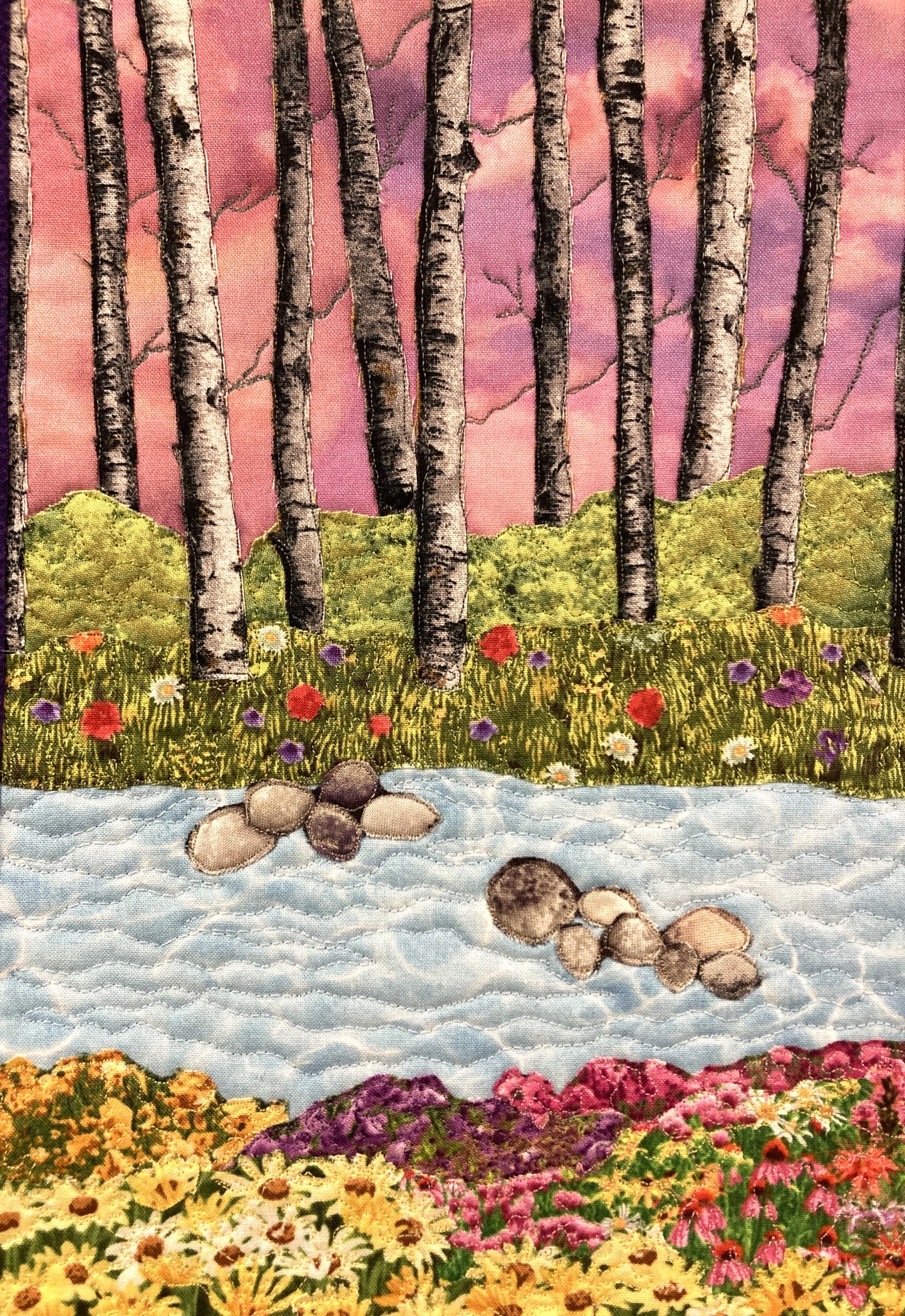Sunset Aspen Trees and Flowers, Fabric Art Quilt Wall Hanging, Landscape Tapestry, Autumn Floral 13x20" Original Artwork Handmade Woodland