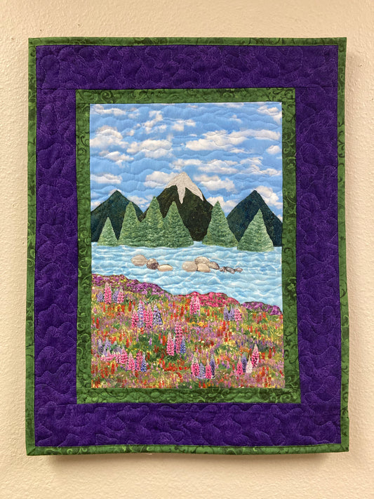 Purple Lupine Lake Mountain Fabric Wall Hanging, Alpine Landscape Art Quilt Tapestry 17x22"