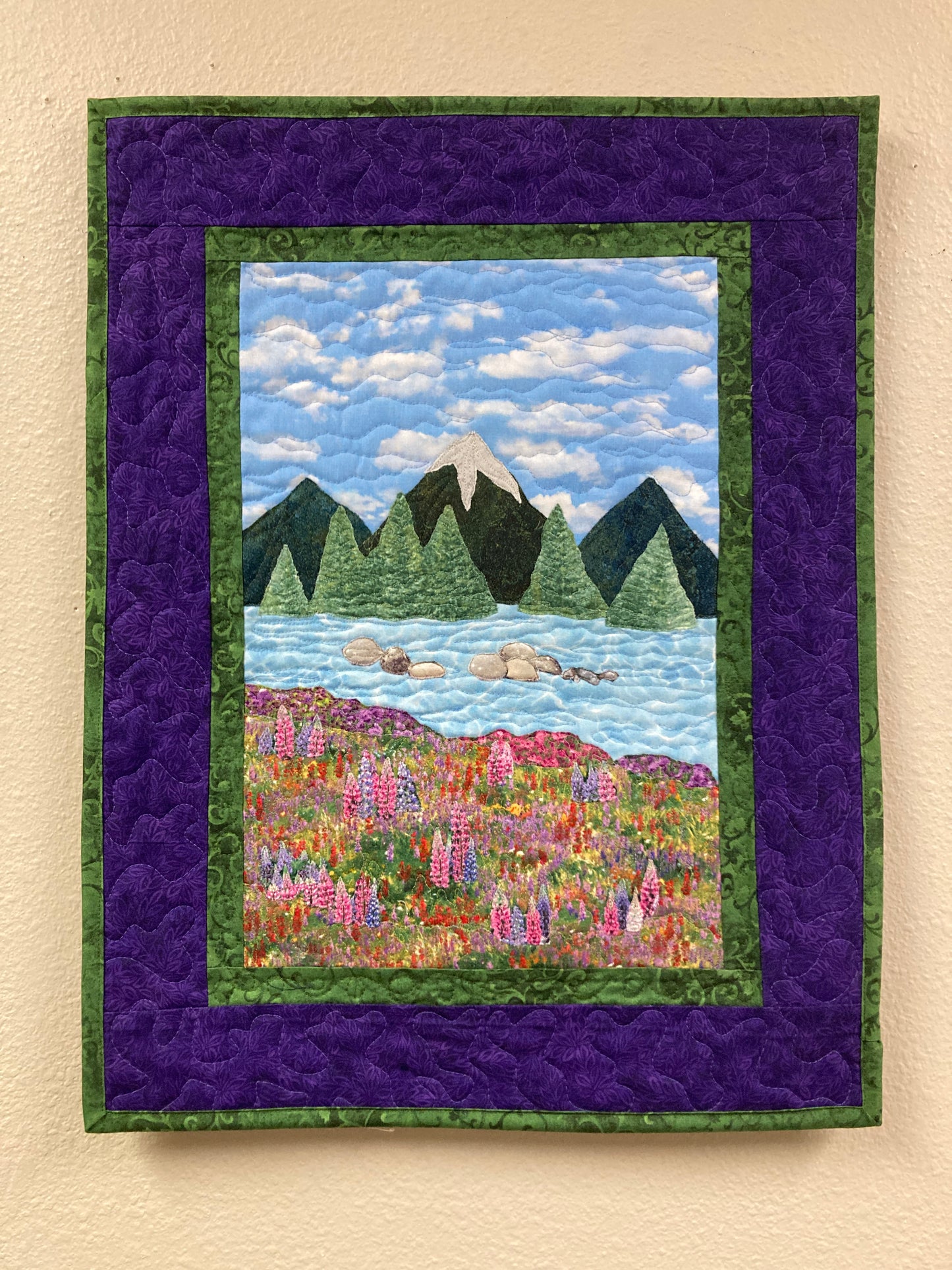 Purple Lupine Lake Mountain Fabric Wall Hanging, Alpine Landscape Art Quilt Tapestry 17x22"
