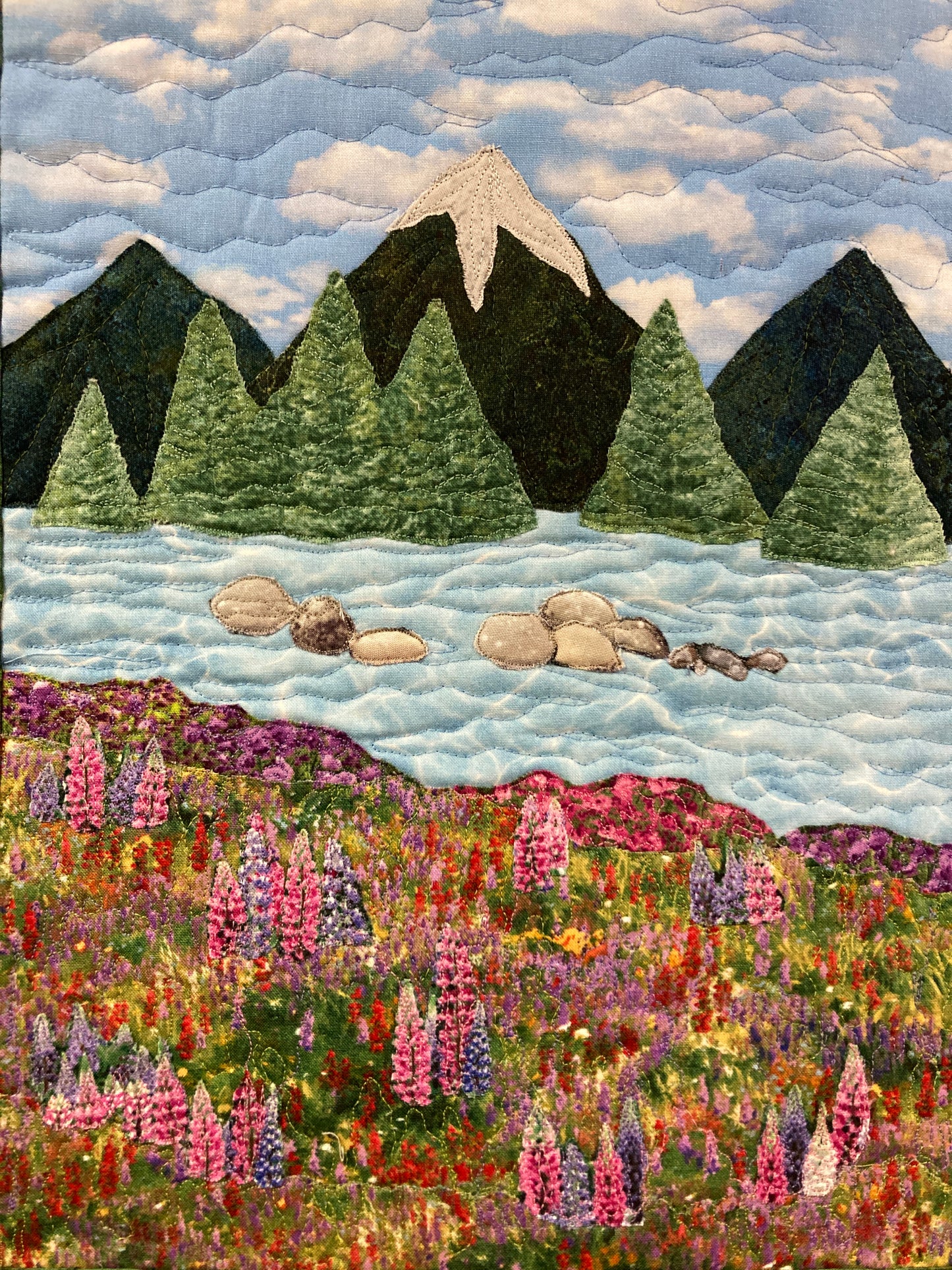 Purple Lupine Lake Mountain Fabric Wall Hanging, Alpine Landscape Art Quilt Tapestry 17x22"