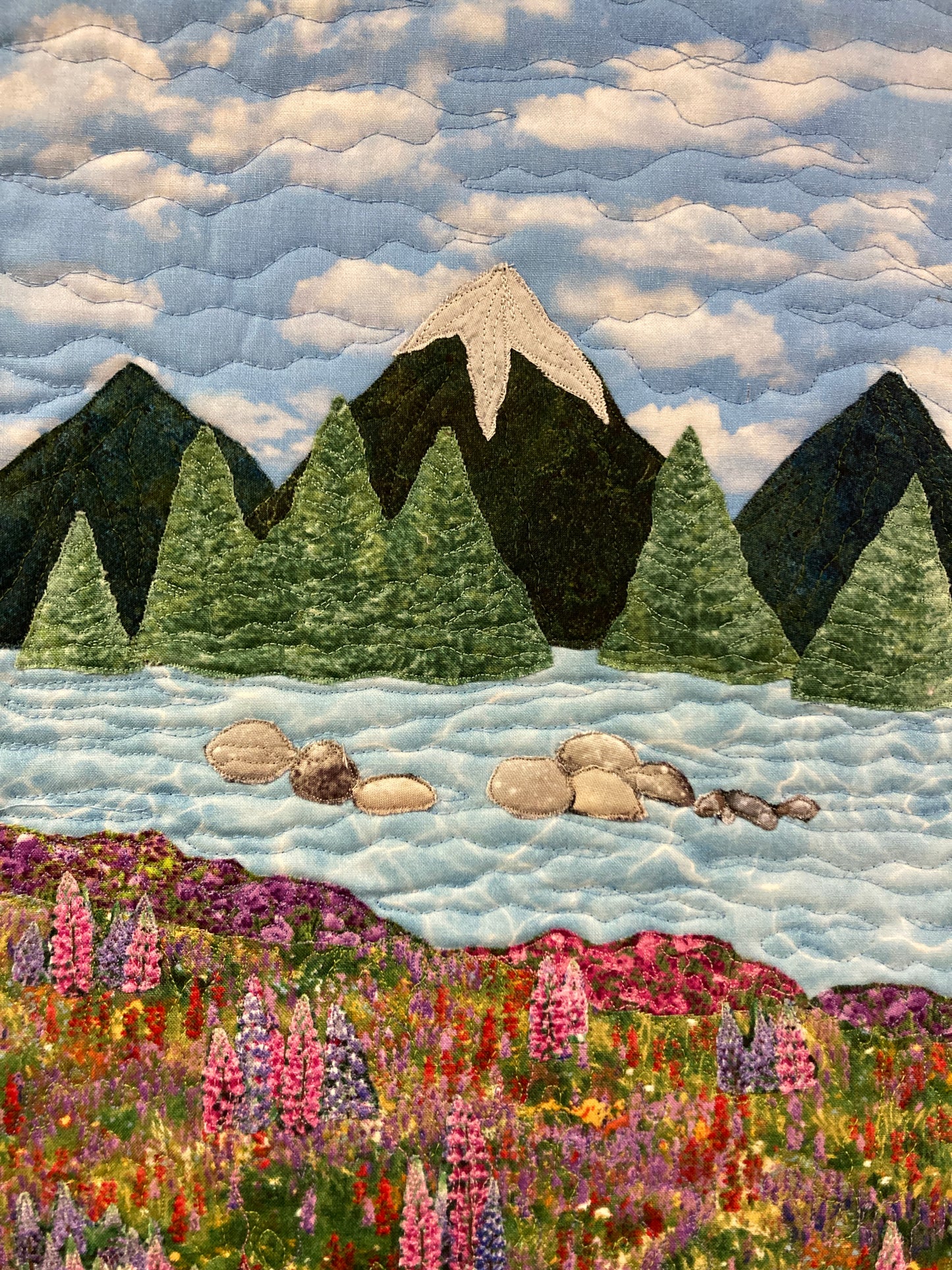 Purple Lupine Lake Mountain Fabric Wall Hanging, Alpine Landscape Art Quilt Tapestry 17x22"
