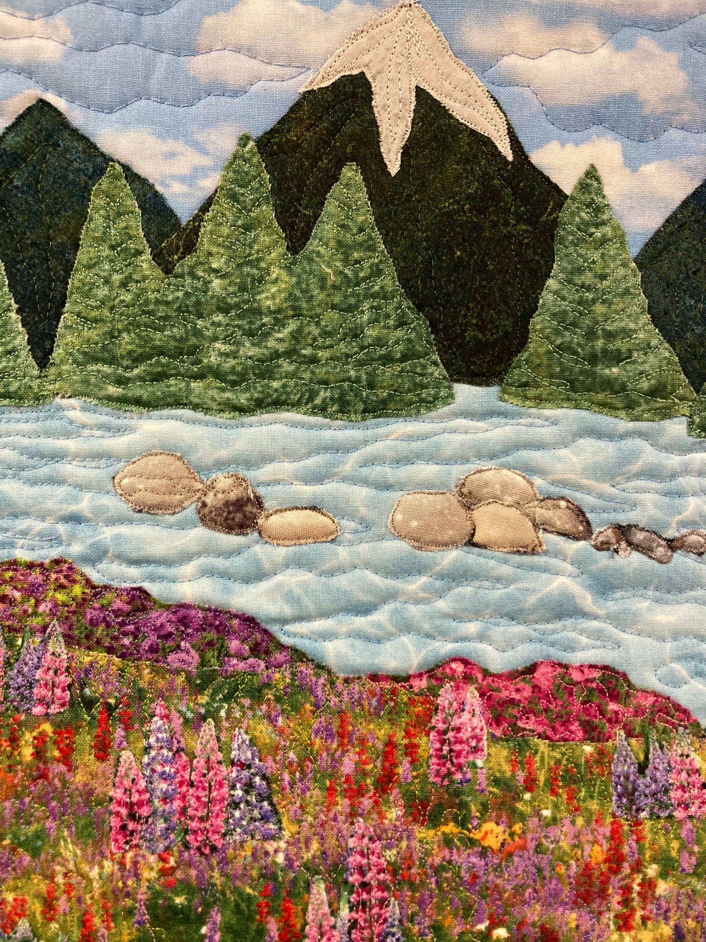 Purple Lupine Lake Mountain Fabric Wall Hanging, Alpine Landscape Art Quilt Tapestry 17x22"