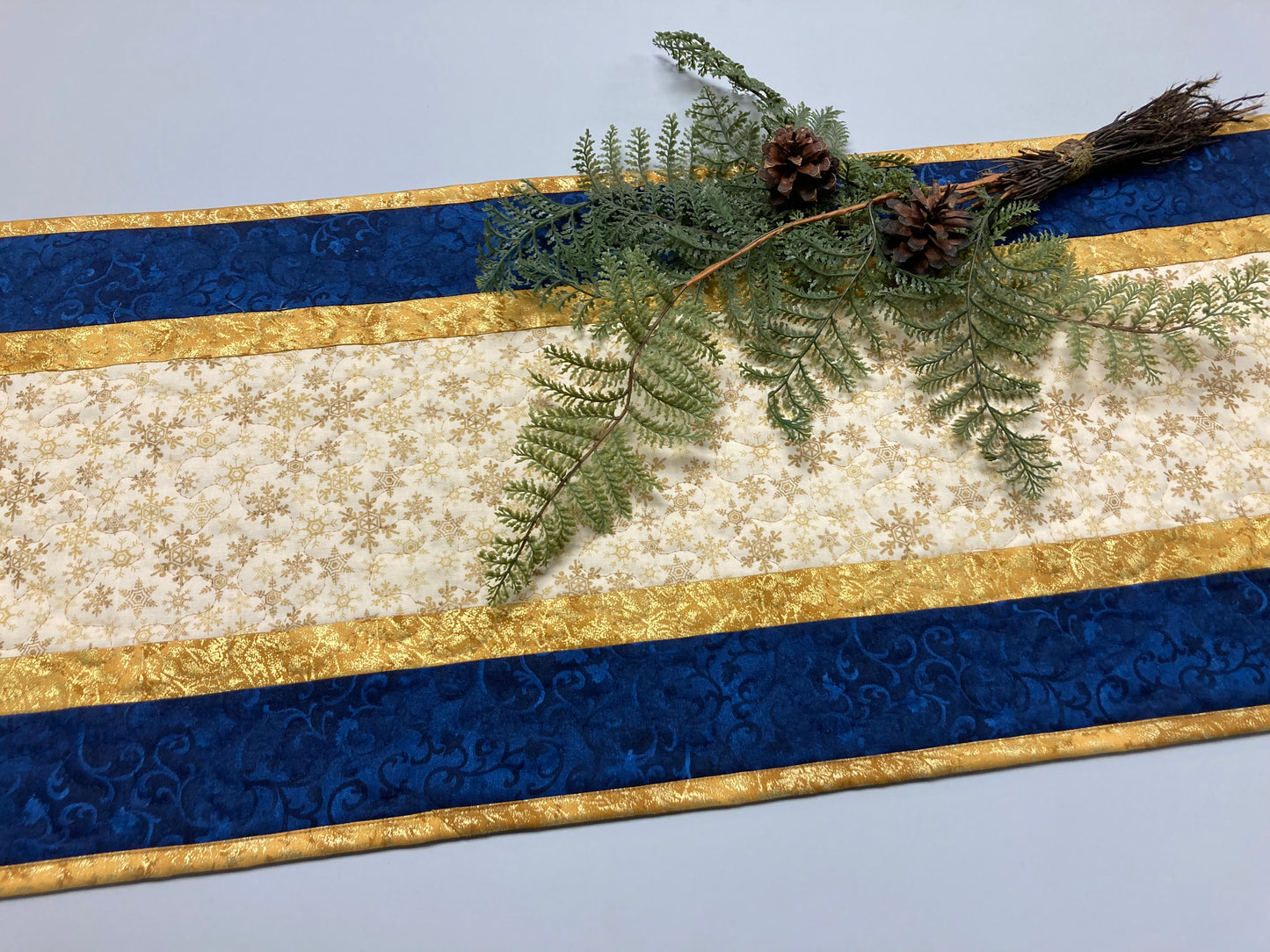 Christmas Blue Gold Snowflakes Quilted Table Runner, Hanukkah, 13x48" Reversible Fall Dining Coffee Table, Holiday Winter Handmade