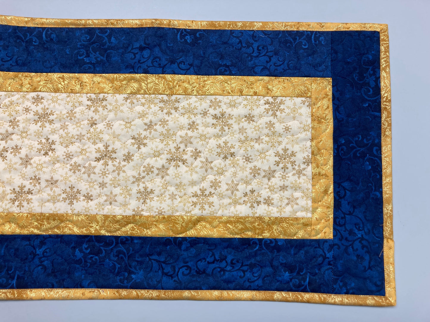 Christmas Blue Gold Snowflakes Quilted Table Runner, Hanukkah, 13x48" Reversible Fall Dining Coffee Table, Holiday Winter Handmade