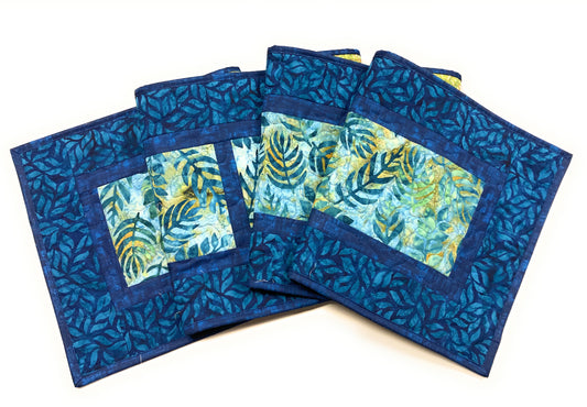 Batik Blue Leaves Quilted Dining Coffee Table Runner 13x70" Seaside Beach Ocean Modern  Reversible