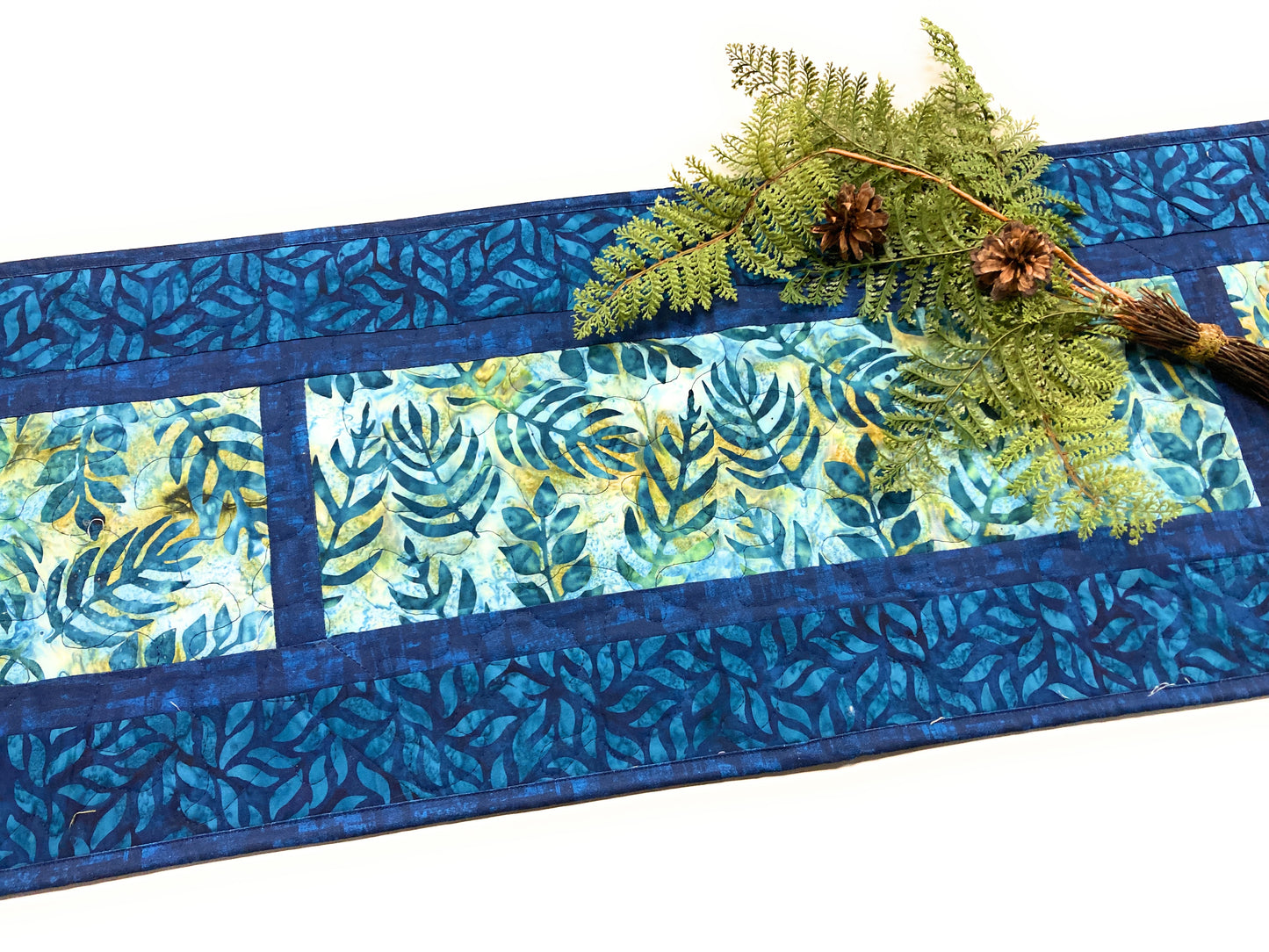Batik Blue Leaves Quilted Dining Coffee Table Runner 13x70" Seaside Beach Ocean Modern  Reversible