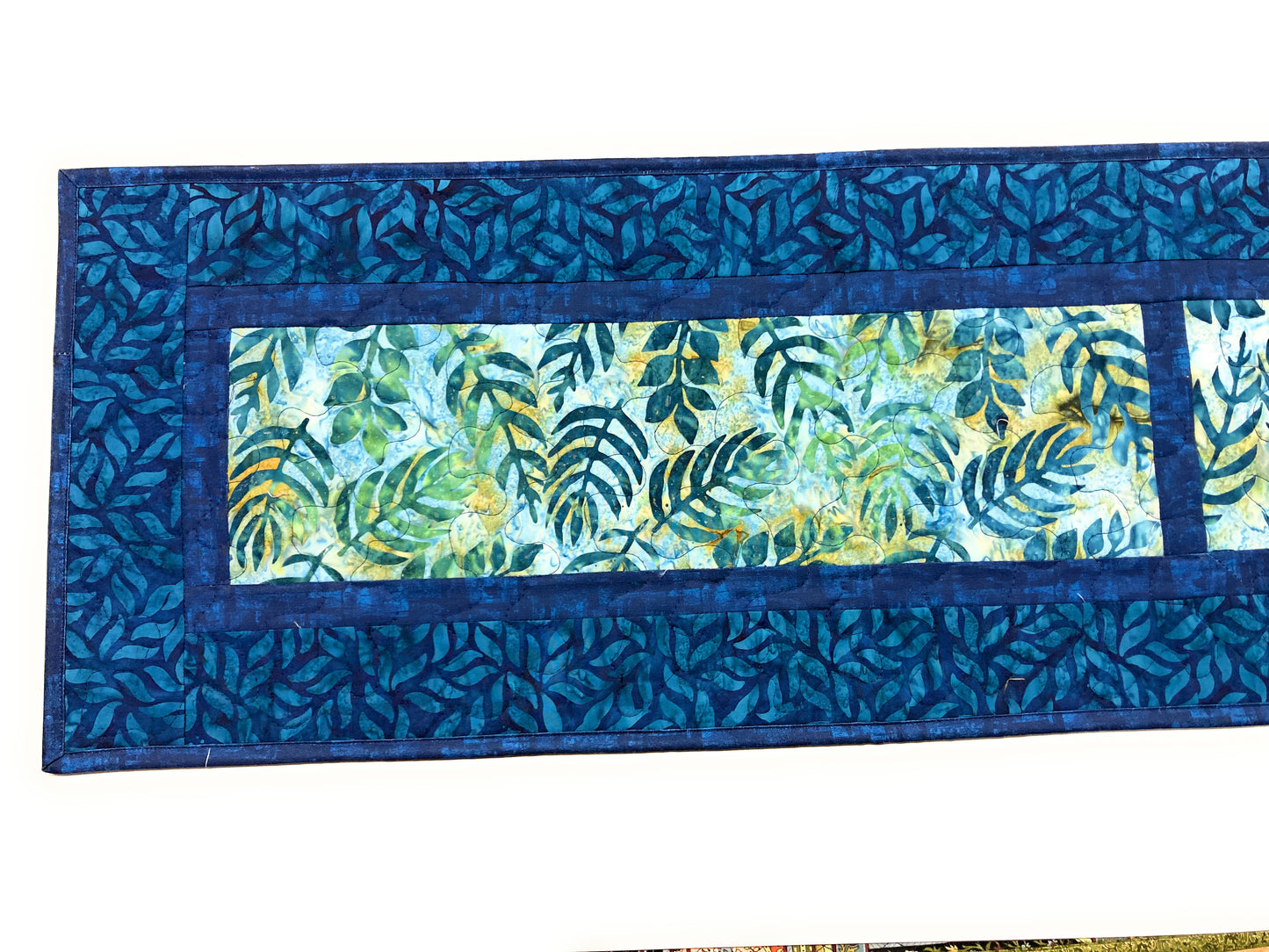 Batik Blue Leaves Quilted Dining Coffee Table Runner 13x70" Seaside Beach Ocean Modern  Reversible