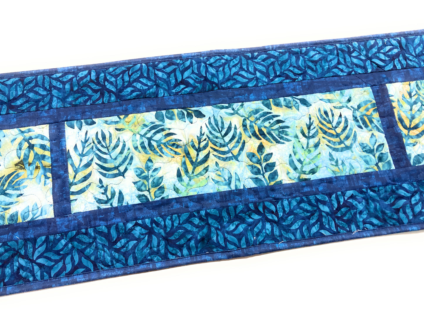 Batik Blue Leaves Quilted Dining Coffee Table Runner 13x70" Seaside Beach Ocean Modern  Reversible