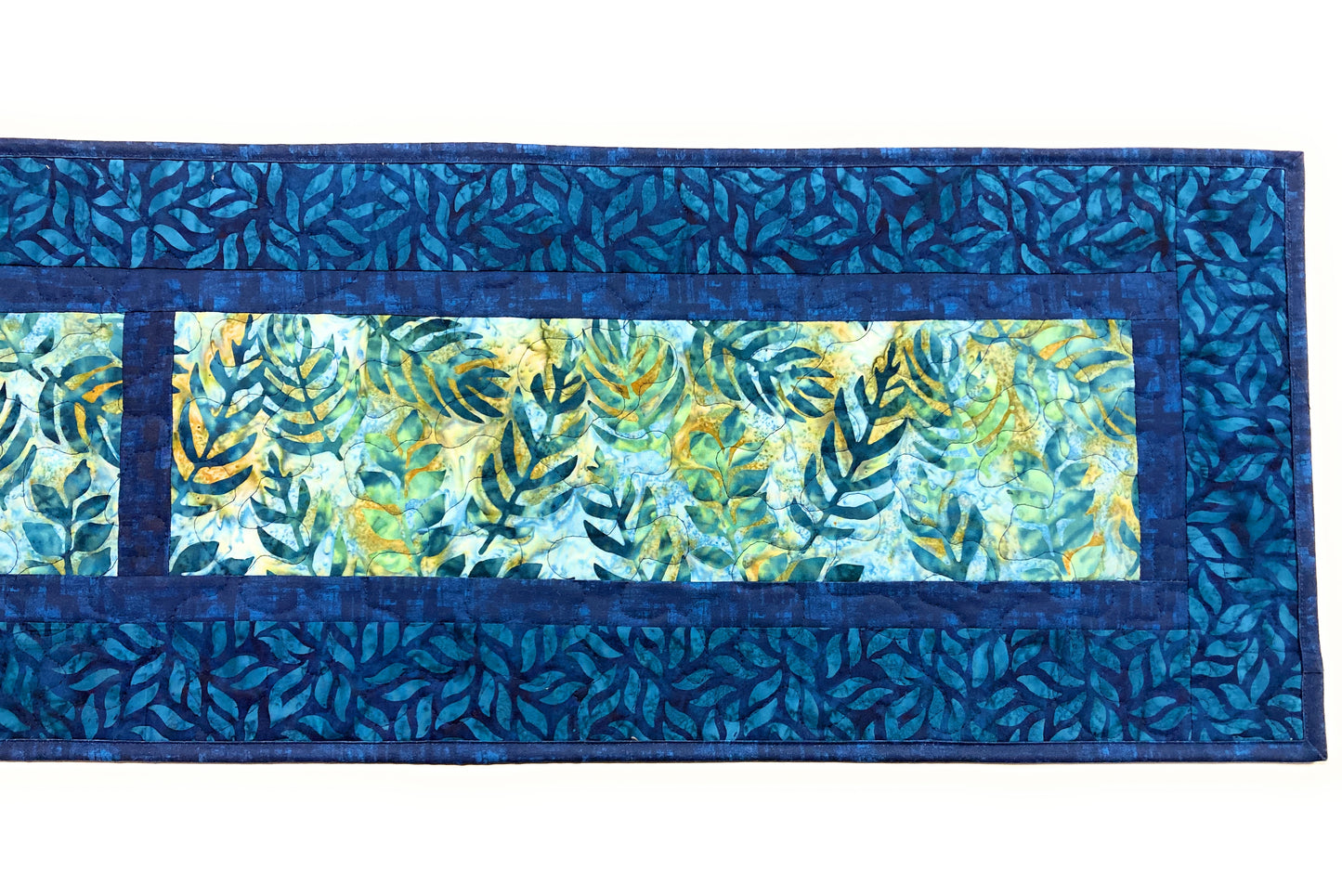Batik Blue Leaves Quilted Dining Coffee Table Runner 13x70" Seaside Beach Ocean Modern  Reversible