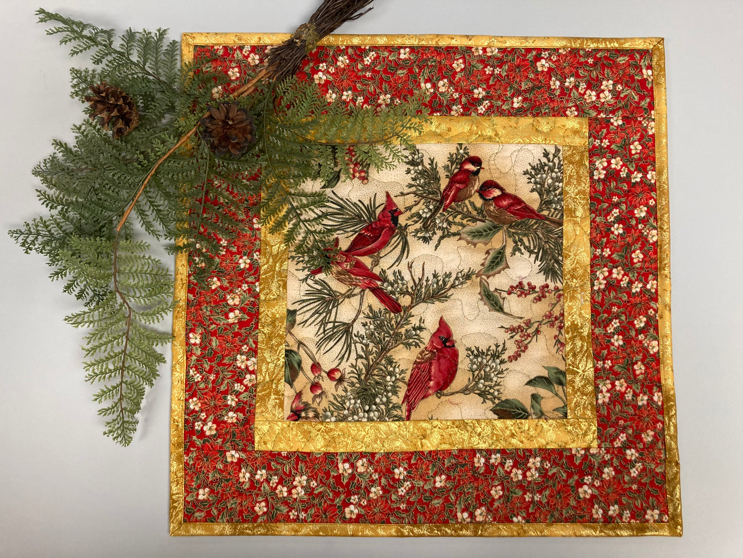 Red Cardinals Christmas Flowers Quilted Table Topper, Large Square, Wall Hanging, 17x17" Winter Holiday Table Decor, Bird Nature Handmade
