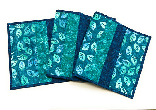 Batik Teal Purple Leaves Quilted Dining Coffee Table Runner, 13x58" Reversible Handmade Seaside Beach Ocean Modern