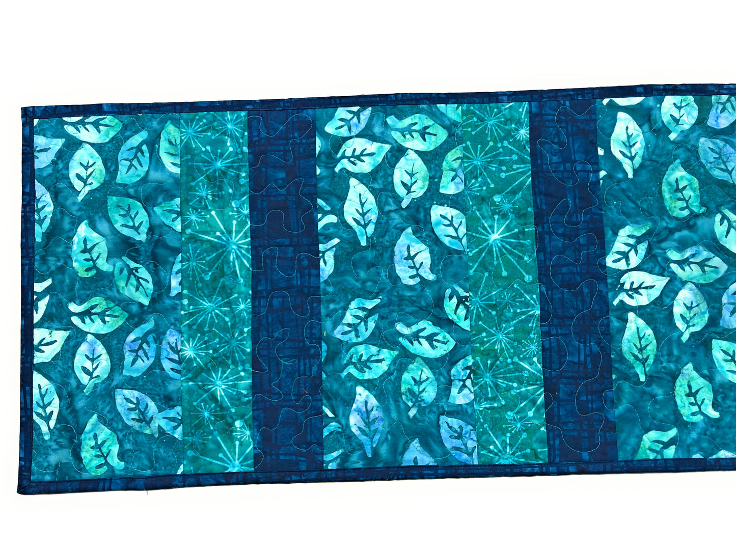 Batik Teal Purple Leaves Quilted Dining Coffee Table Runner, 13x58" Reversible Handmade Seaside Beach Ocean Modern