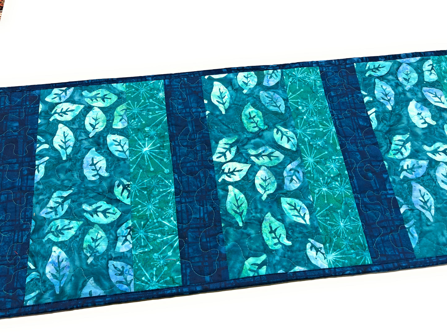 Batik Teal Purple Leaves Quilted Dining Coffee Table Runner, 13x58" Reversible Handmade Seaside Beach Ocean Modern