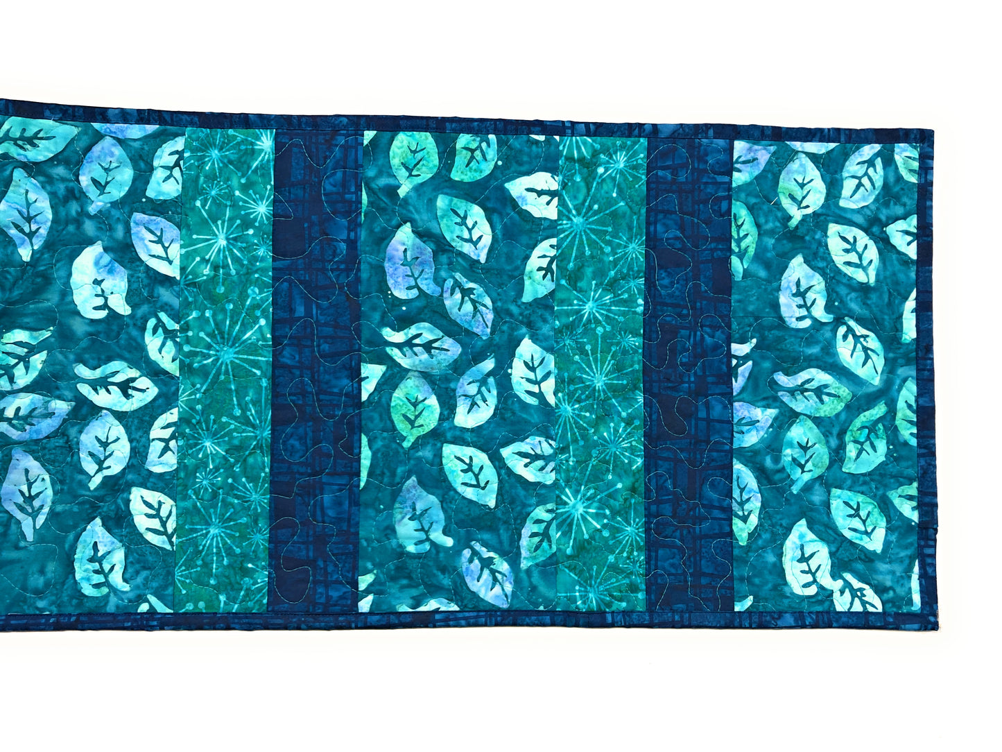 Batik Teal Purple Leaves Quilted Dining Coffee Table Runner, 13x58" Reversible Handmade Seaside Beach Ocean Modern