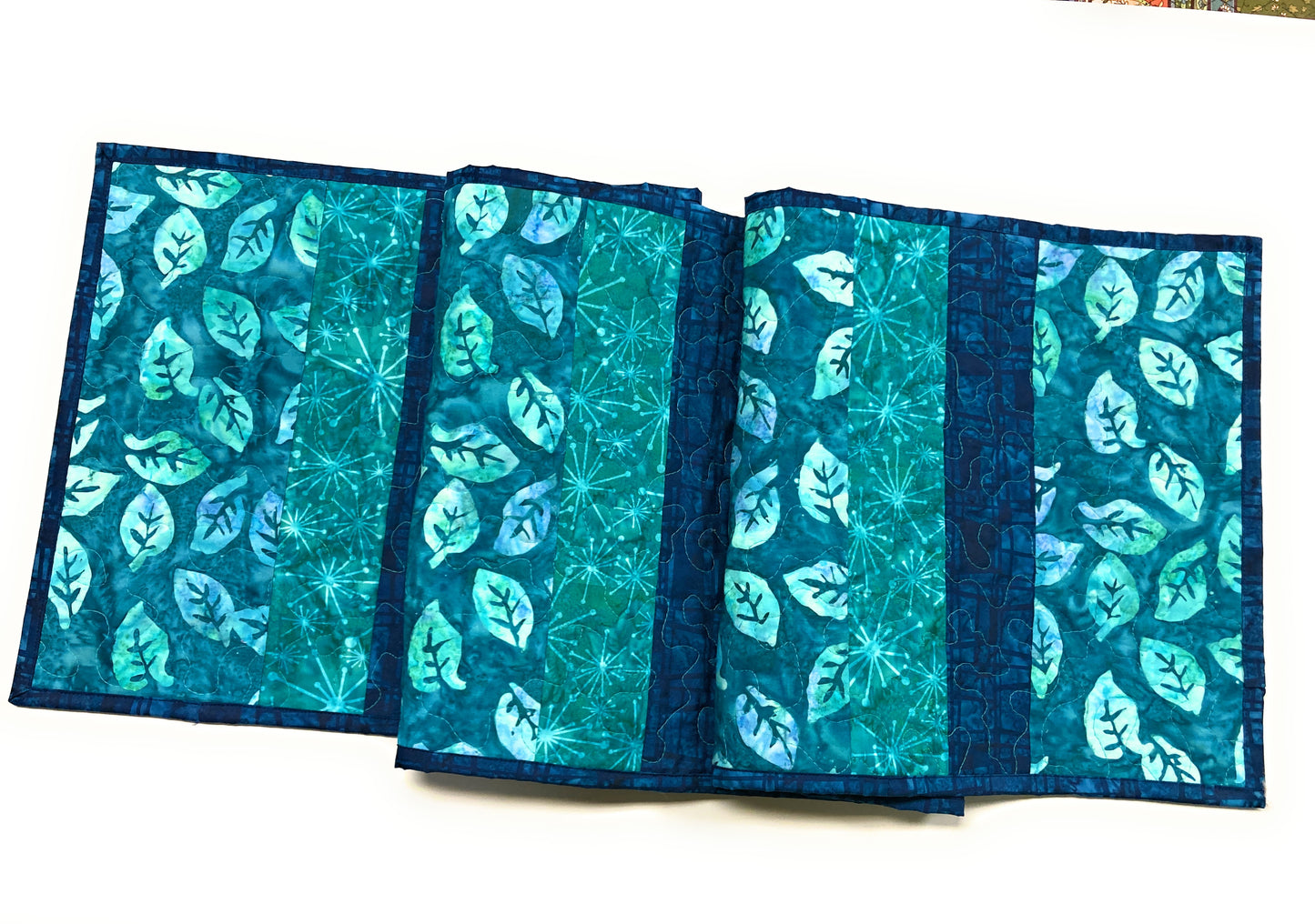 Batik Teal Purple Leaves Quilted Dining Coffee Table Runner, 13x58" Reversible Handmade Seaside Beach Ocean Modern