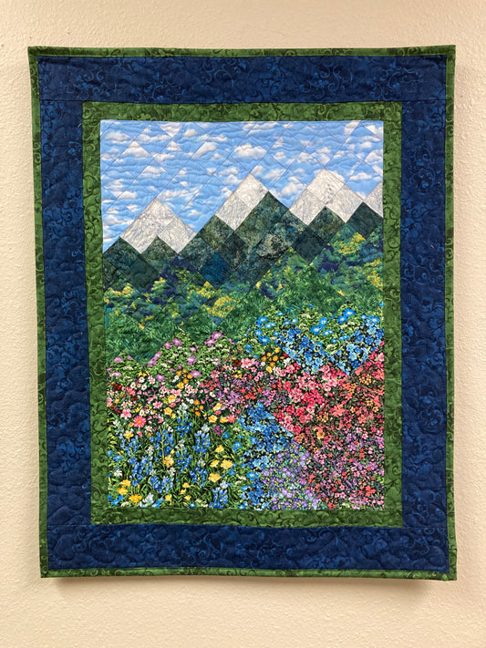 Summer Wildflower Mountain Art Quilt Fabric Wall Hanging, Landscape Vertical Quilted 23x29” Tapestry