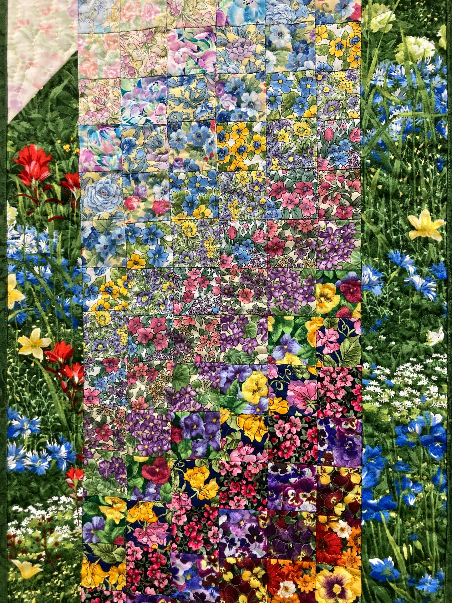 Art Quilt, Summer Flowers Sunny Garden Fabric Wall Hanging 14x38” Bedroom Living Room, Textile Watercolor Tapestry, Vertical Quilted