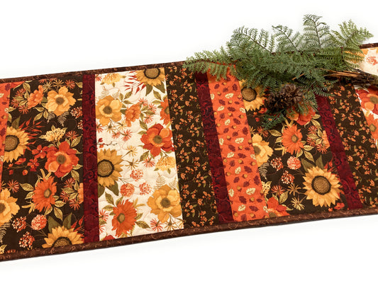 Fall Flowers Leaves Dining Table Runner, 13x64" Reversible Thanksgiving Quilted Brown Orange