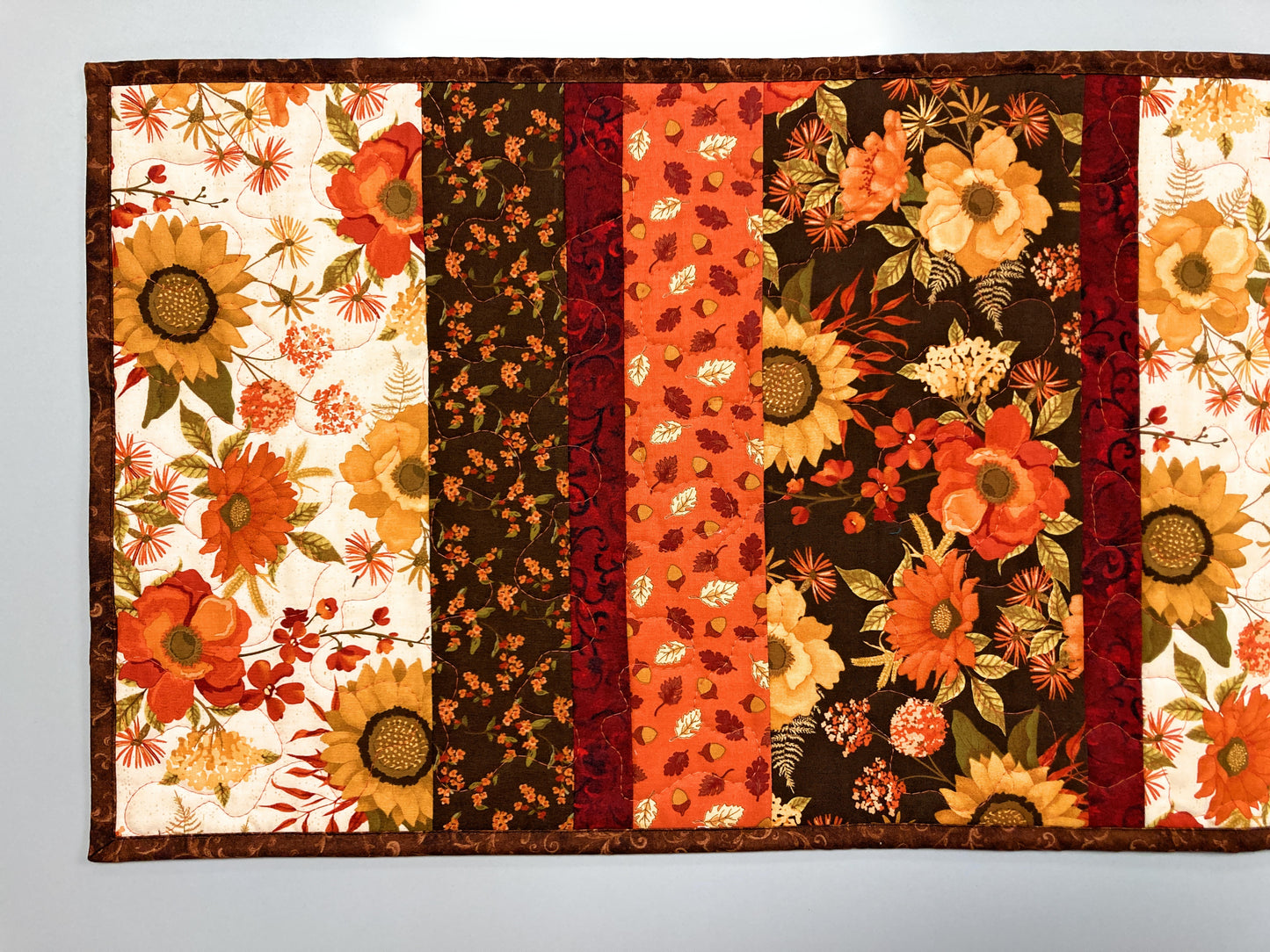 Fall Flowers Leaves Dining Table Runner, 13x64" Reversible Thanksgiving Quilted Brown Orange