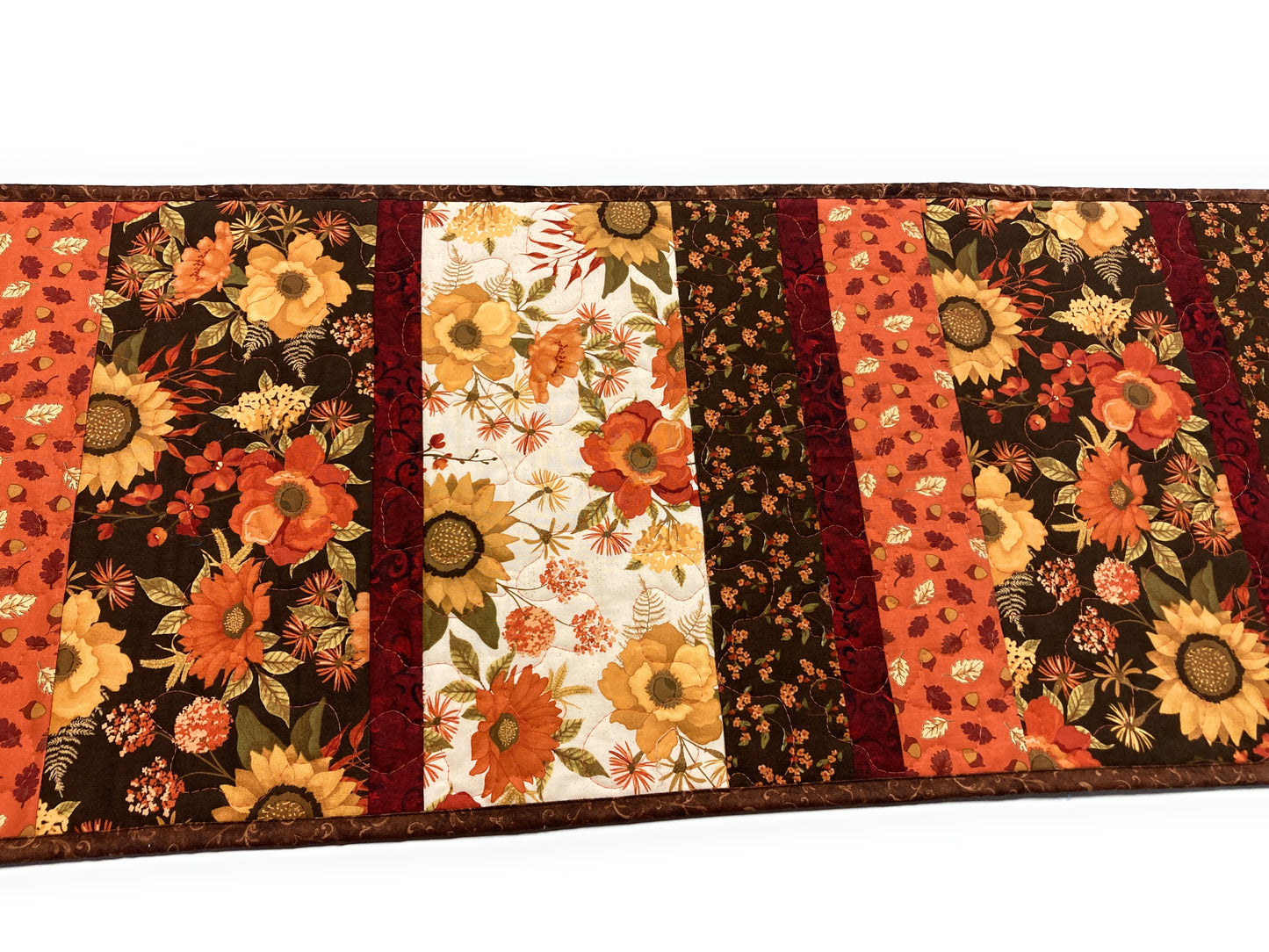Fall Flowers Leaves Dining Table Runner, 13x64" Reversible Thanksgiving Quilted Brown Orange