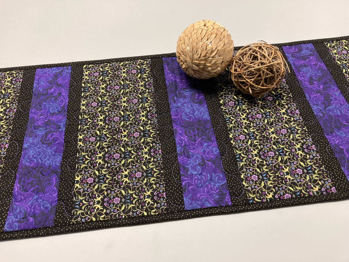 Quilted Table Runner, Purple Blue Gold Elegant Filigree, 13x52" Reversible Handmade Dining Coffee Table Centerpiece Everyday Summer Decor