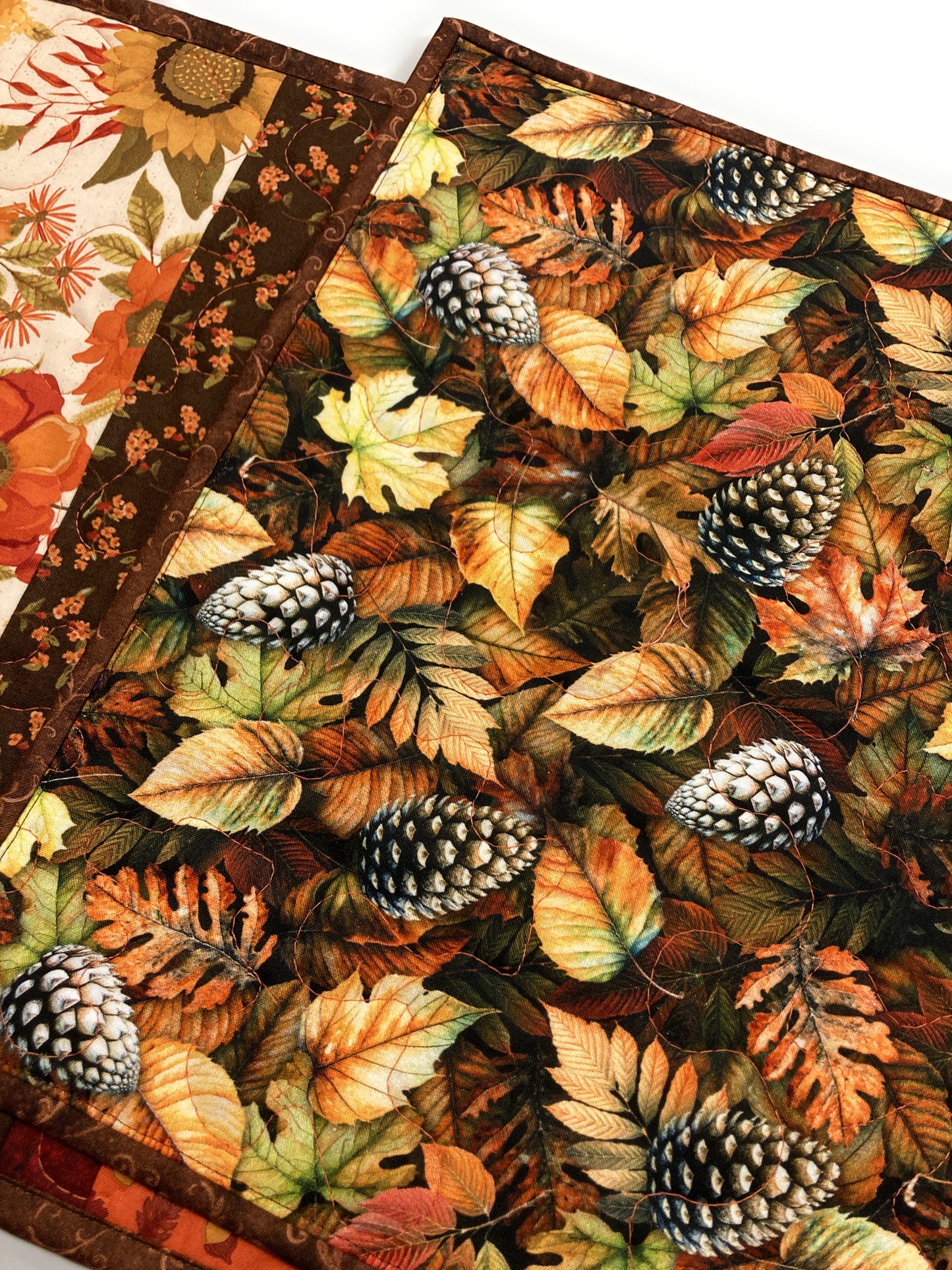 Fall Flowers Leaves Dining Table Runner, 13x64" Reversible Thanksgiving Quilted Brown Orange
