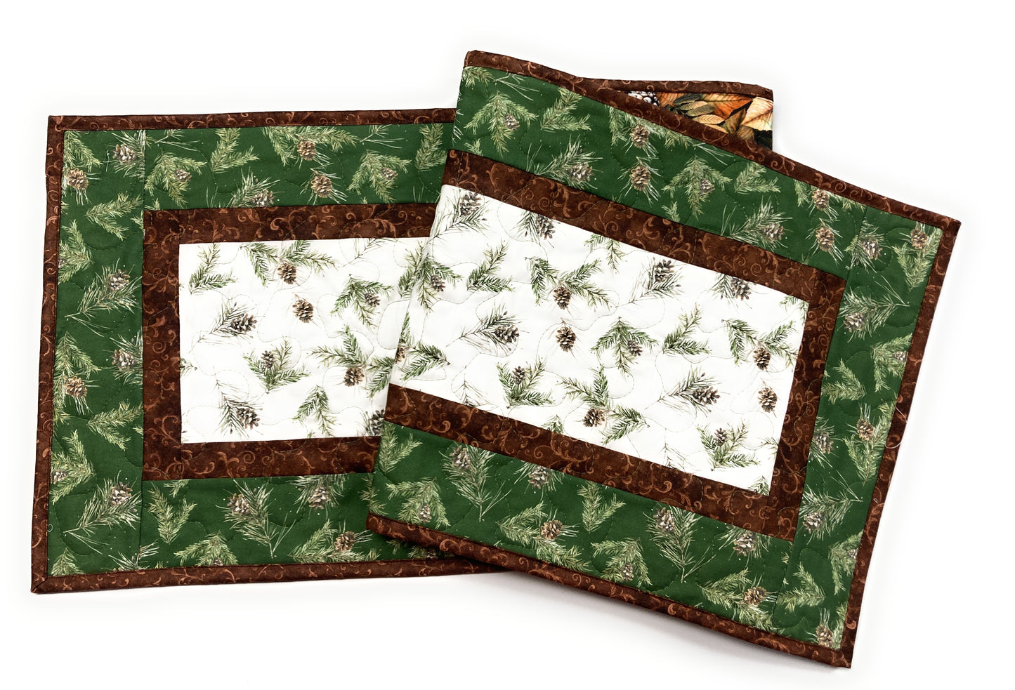 Pine Cones Pine Boughs Quilted Dining Table Runner, 13x48" Reversible Fall Handmade