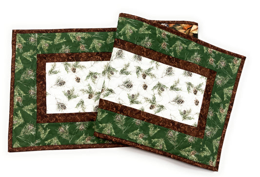 Pine Cones Pine Boughs Quilted Dining Table Runner, 13x48" Reversible Fall Handmade