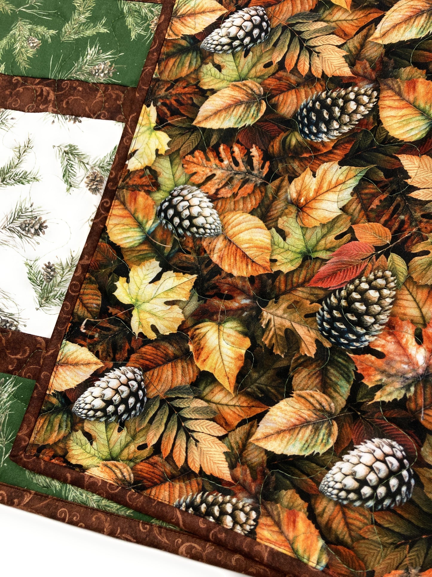Pine Cones Pine Boughs Quilted Dining Table Runner, 13x48" Reversible Fall Handmade