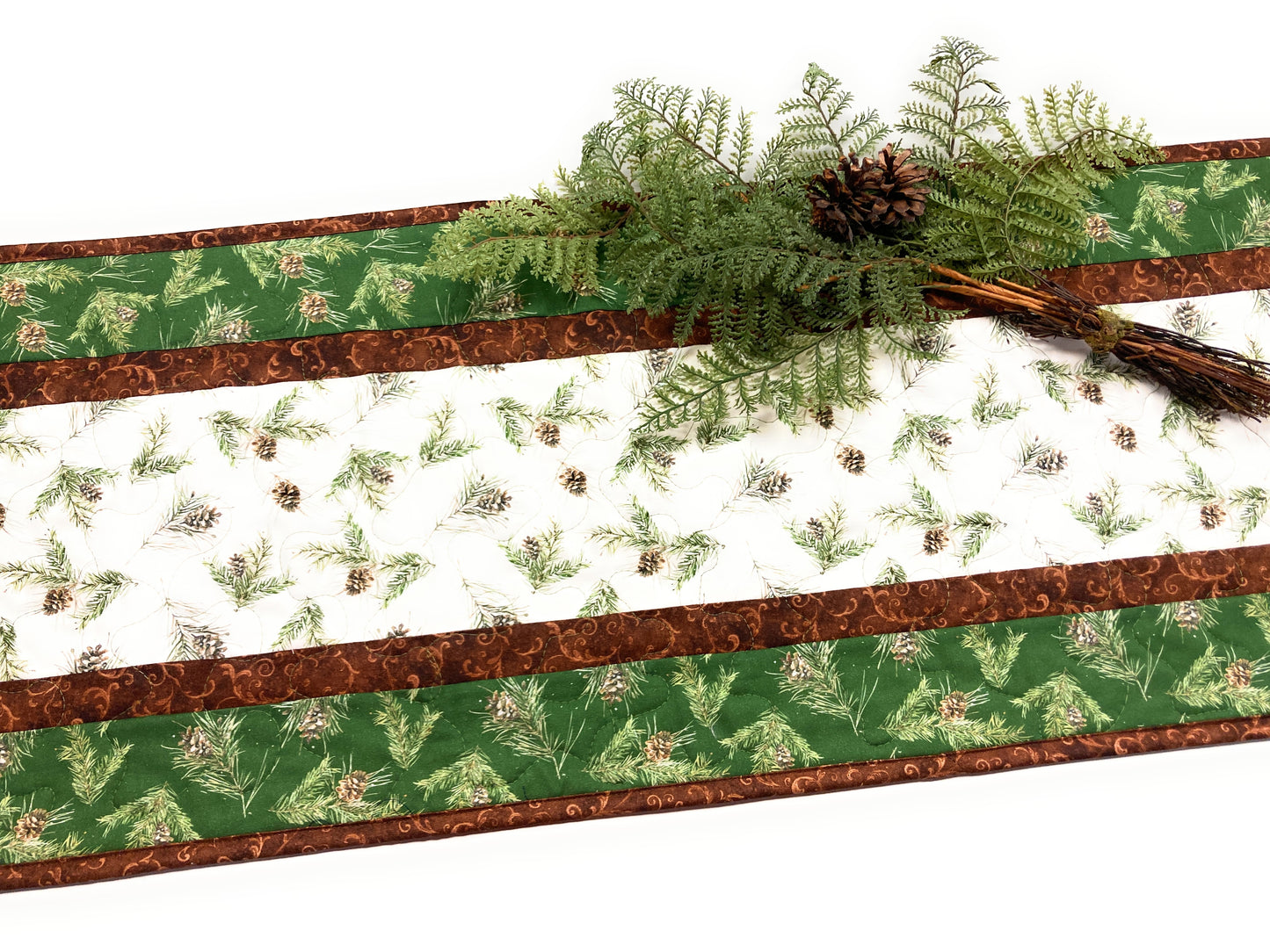 Pine Cones Pine Boughs Quilted Dining Table Runner, 13x48" Reversible Fall Handmade