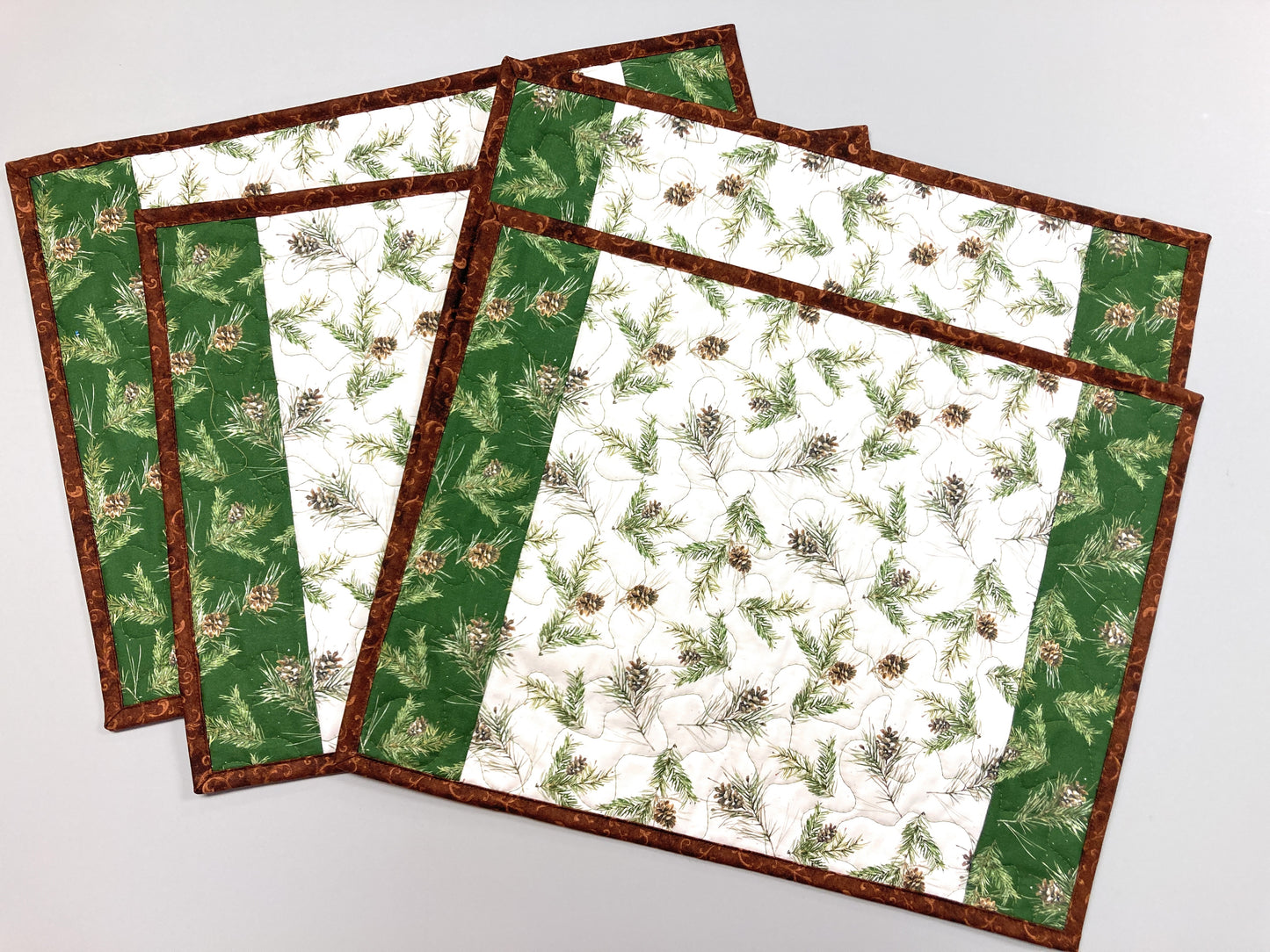 Pine Cones and Branches Quilted Dining Table Placemats, Reversible Fall 13x17"