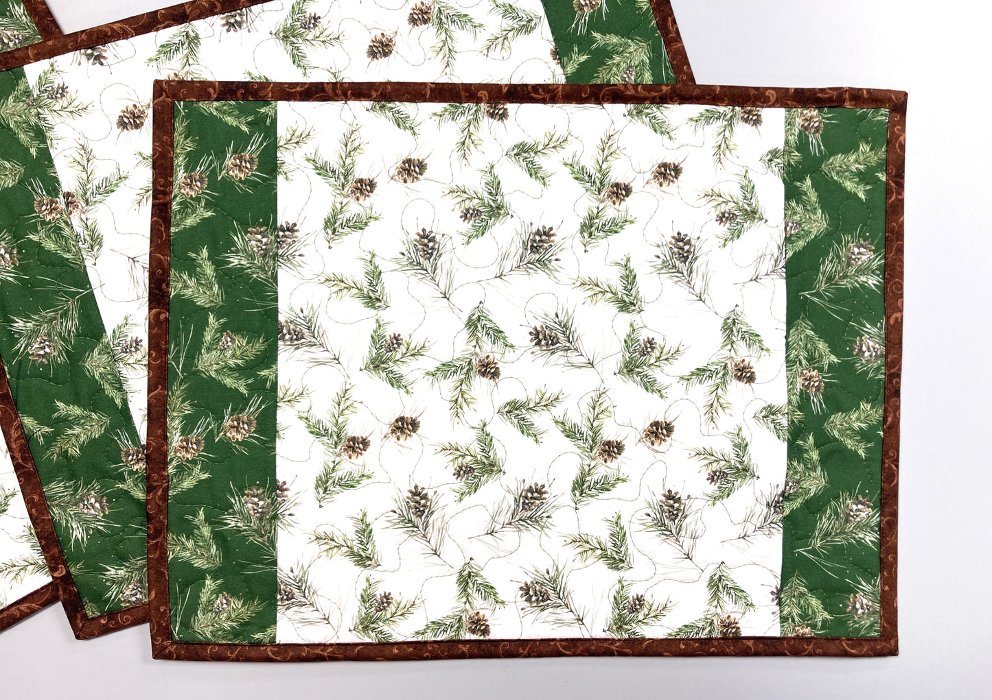 Pine Cones and Branches Quilted Dining Table Placemats, Reversible Fall 13x17"
