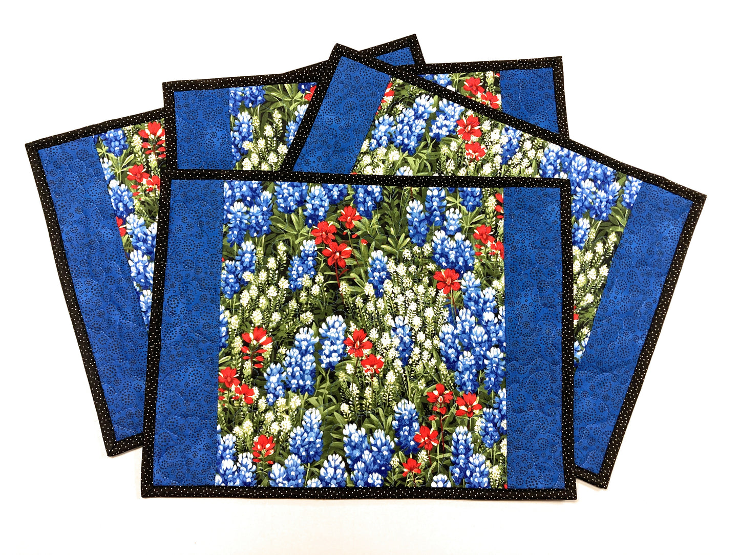 Bluebonnets Indian Paintbrush Wildflower Dining Table Placemats, Quilted Reversible Mats 13x17"